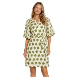 Smashed Lemon kjole creme med gr�nt m�nster og bindeb�lte