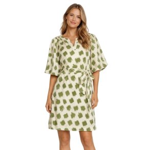 Smashed Lemon kjole creme med gr�nt m�nster og bindeb�lte