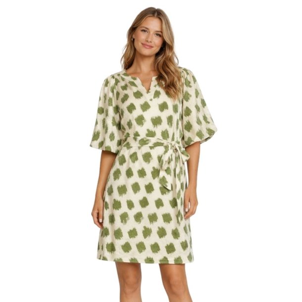 Smashed Lemon kjole creme med gr�nt m�nster og bindeb�lte