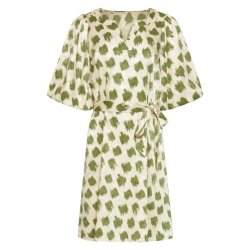 Smashed Lemon kjole creme med gr�nt m�nster og bindeb�lte