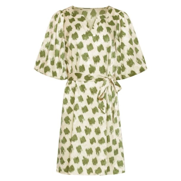 Smashed Lemon kjole creme med gr�nt m�nster og bindeb�lte