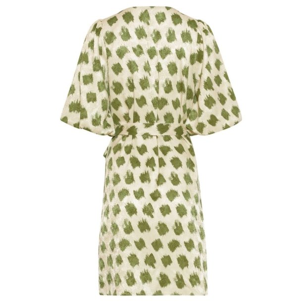 Smashed Lemon kjole creme med gr�nt m�nster og bindeb�lte