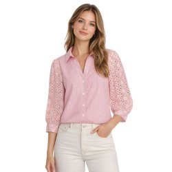 Smashed Lemon r�d stribet skjorte med broderede �rmer