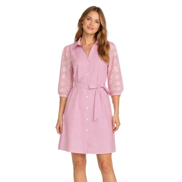 Smashed Lemon r�d stribet skjortekjole med broderede �rmer