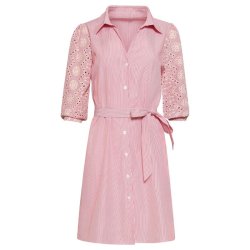 Smashed Lemon r�d stribet skjortekjole med broderede �rmer