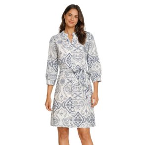 Smashed Lemon skjortekjole hvid med bl�t m�nster og bindeb�lte