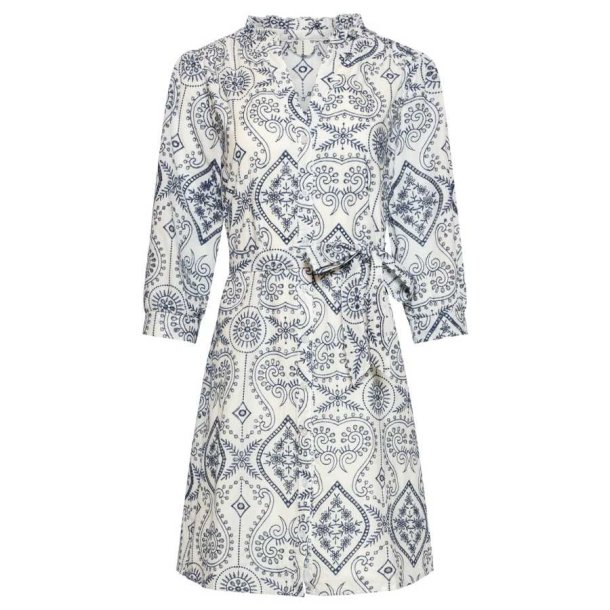 Smashed Lemon skjortekjole hvid med bl�t m�nster og bindeb�lte