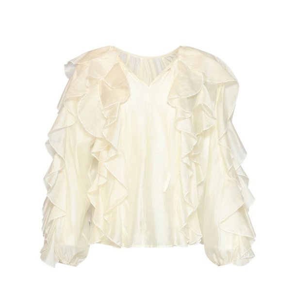 Smashed Lemon cremefarvet bluse med fl�ser og lange �rmer