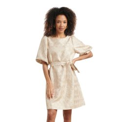 Smashed Lemon beige kjole med puf�rmer og bindeb�lte