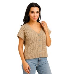 Beige Lea & Luc kabelstrikket vest med knapper