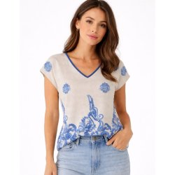 Soulmate bluse i creme med bl�t print og V-udsk�ring