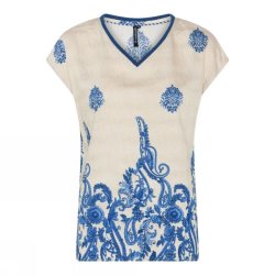 Soulmate bluse i creme med bl�t print og V-udsk�ring