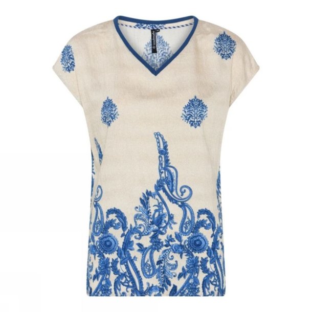 Soulmate bluse i creme med bl�t print og V-udsk�ring