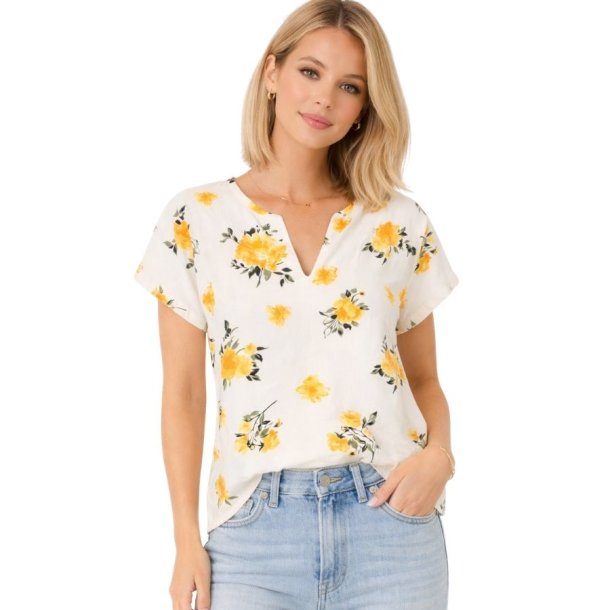 Soulmate Chloet bluse i lys farve med gule blomster og V-udsk�ring