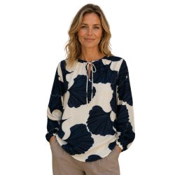 Soulmate bluse med m�rkebl�t bladprint og bindeb�nd ved halsen