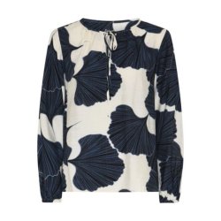 Soulmate bluse med m�rkebl�t bladprint og bindeb�nd ved halsen