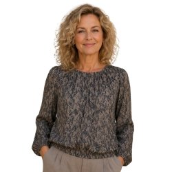 Soulmate bluse i taupe med m�rkebl�t m�nster og lange �rmer
