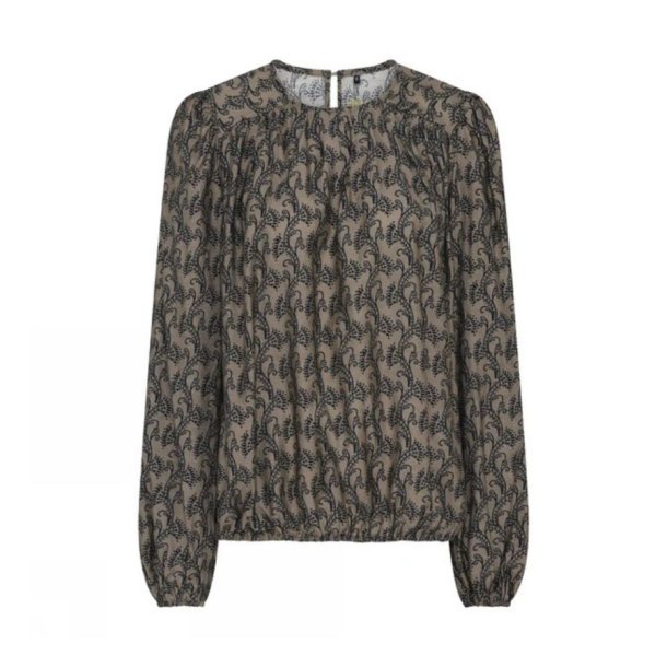 Soulmate bluse i taupe med m�rkebl�t m�nster og lange �rmer