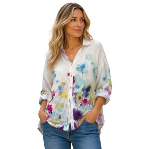 Linen & Cotton House r�hvid h�rskjorte med blomsterprint i 100% h�r One Size