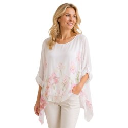 Shylon bluse i silke og viskose med rosa blomsterprint p� lys bund.