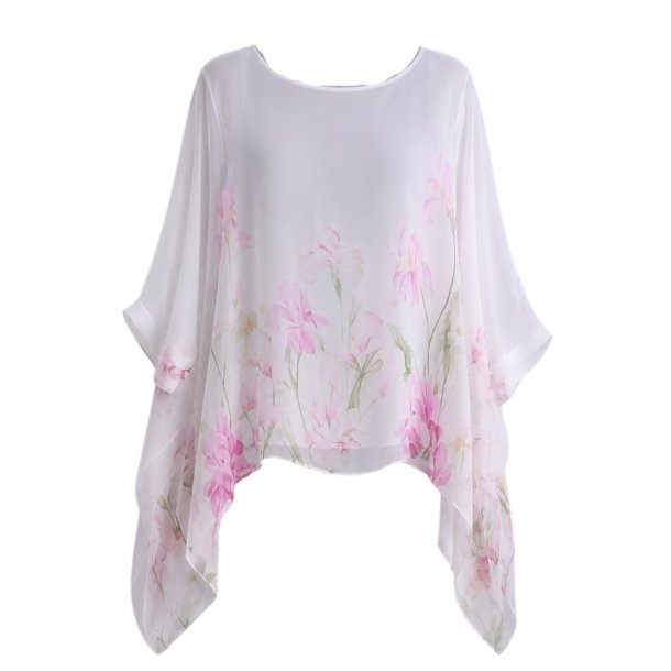 Shylon bluse i silke og viskose med rosa blomsterprint p� lys bund.