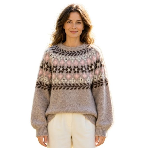 Lea & Luc strikbluse med nordisk m�nster i rosa og brune nuancer