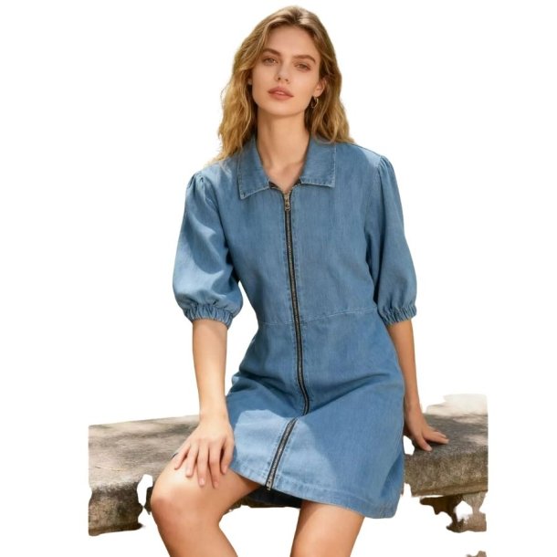 Bl� denimkjole fra Lea & Luc med lynl�s &ndash; style 5208
