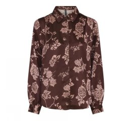 Soulmate m�rkebrun skjorte med rosa blomsterprint og lange �rmer