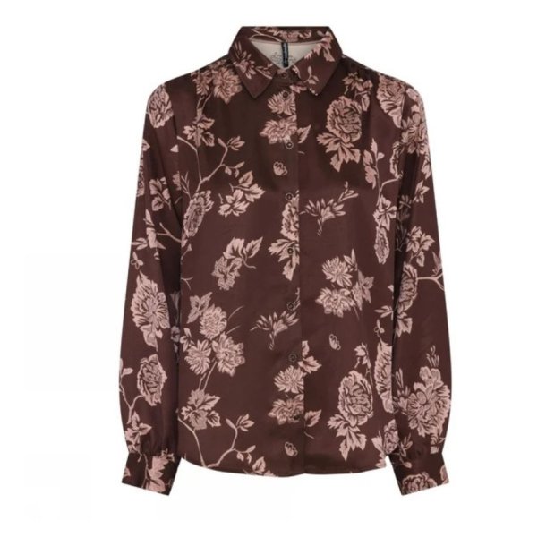 Soulmate m�rkebrun skjorte med rosa blomsterprint og lange �rmer