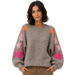 Afinity taupe sweater med pink og orange broderede palmer