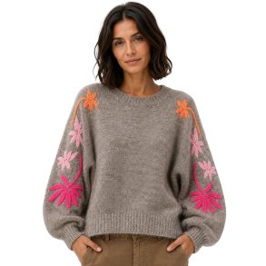 Afinity taupe sweater med pink og orange broderede palmer
