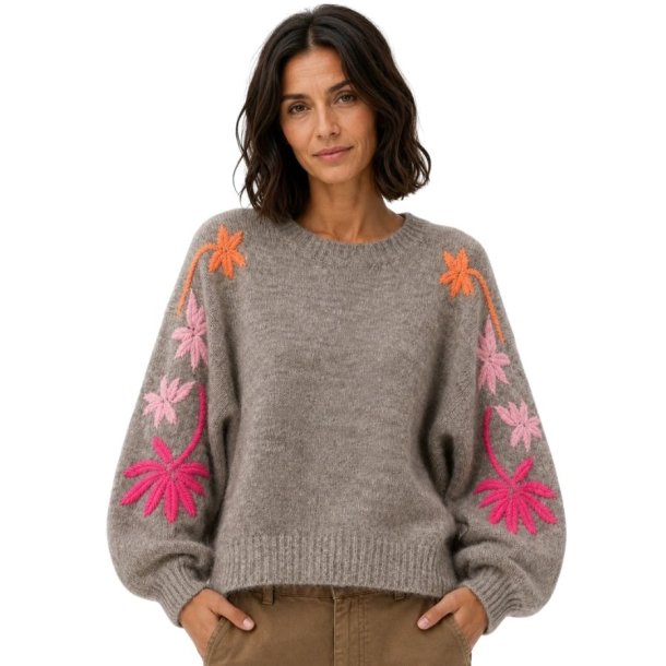 Afinity taupe sweater med pink og orange broderede palmer