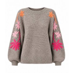 Afinity taupe sweater med pink og orange broderede palmer