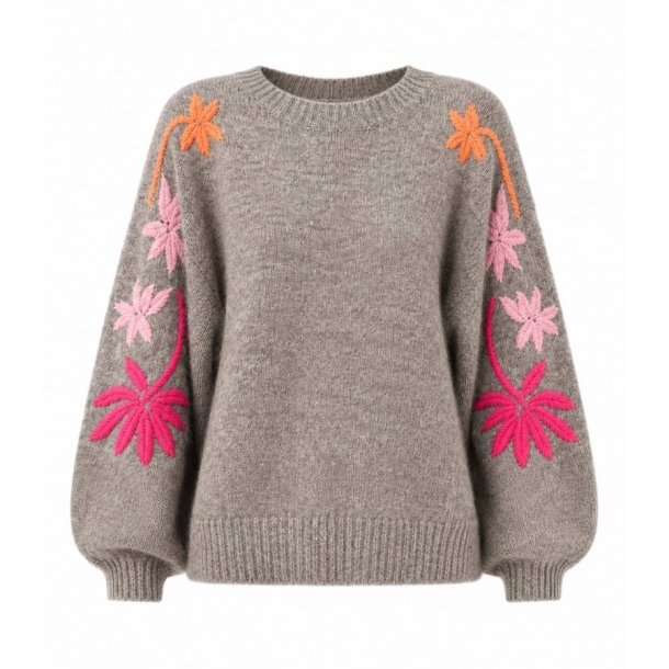 Afinity taupe sweater med pink og orange broderede palmer