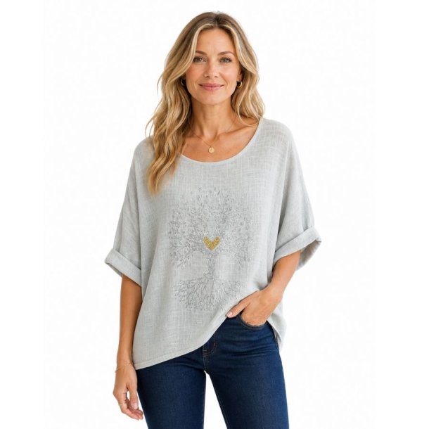 gr� bluse med tr�motiv bomuld dame