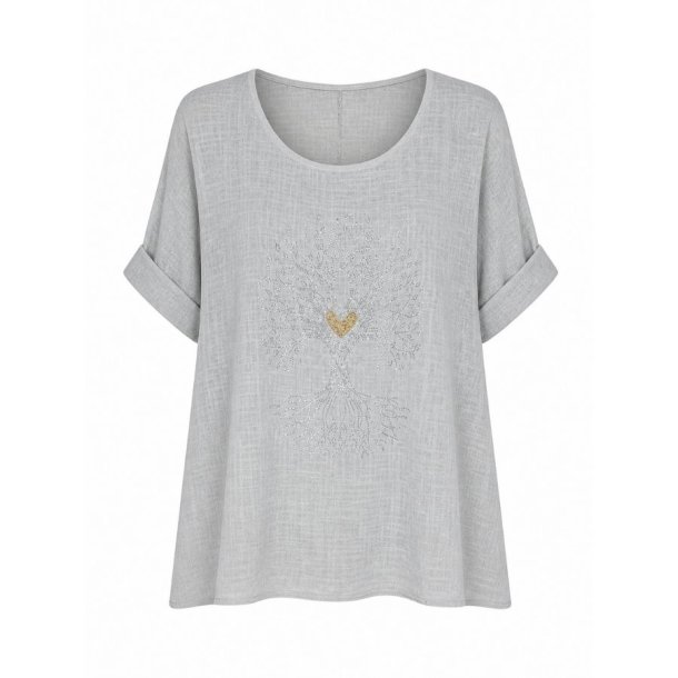 gr� bluse med tr�motiv bomuld dame
