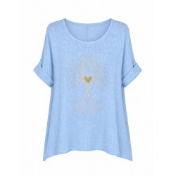 lysebl� bluse med tr�motiv bomuld dame