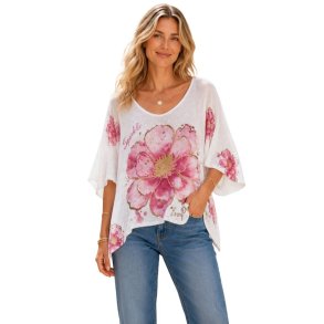 Lucky Nana strikbluse i r�hvid med rosa blomsterprint i 100% bomuld One Size