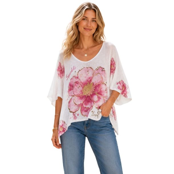 Lucky Nana strikbluse i r�hvid med rosa blomsterprint i 100% bomuld One Size