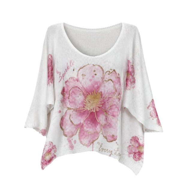 Lucky Nana strikbluse i r�hvid med rosa blomsterprint i 100% bomuld One Size