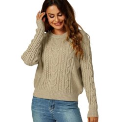 FS Collection taupe sweater med kabelstrikket m�nster