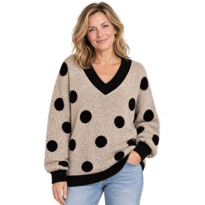 FS Collection beige strikbluse med sorte prikker og V-hals