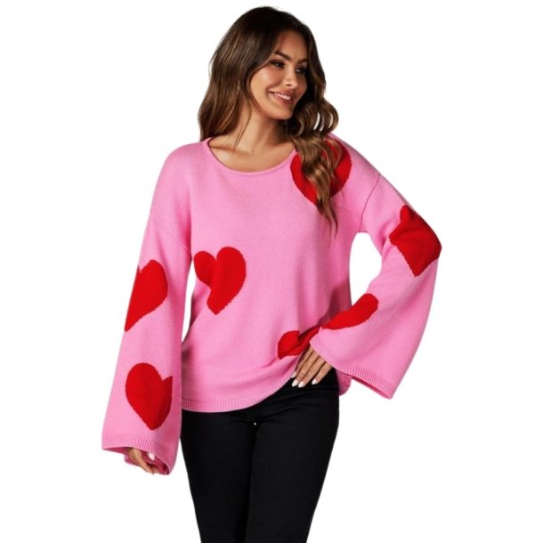 Pink strikbluse med r�de hjerter fra FS Collection