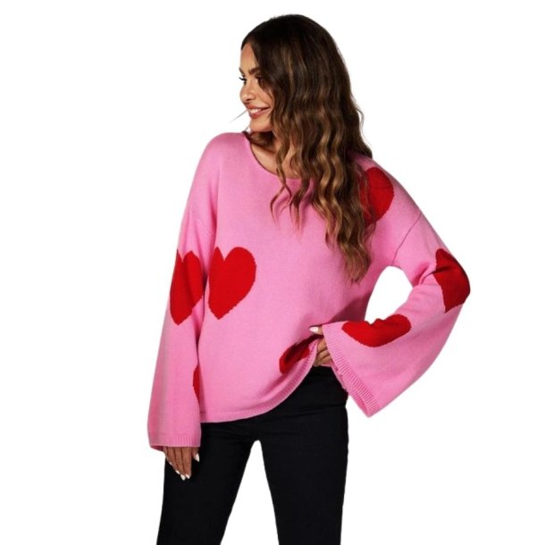 Pink strikbluse med r�de hjerter fra FS Collection