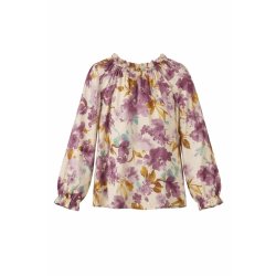 Mooya bluse med blomsterprint i creme og lilla nuancer &ndash; feminin damemode fra Fruens Hus