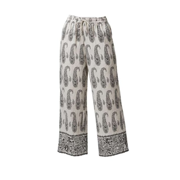 Pomelo Paris bukser med sort paisleyprint og elastisk talje