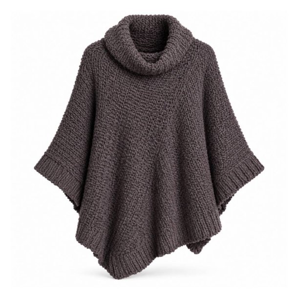 Eco Bamb� strikket poncho i m�rk gr�brun med stor rullekrave