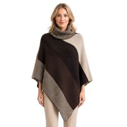 Eco Bamb� strikket poncho i brun og beige med rullekrave og asymmetrisk pasform