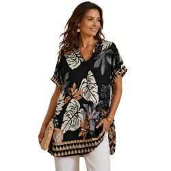 Pomelo Paris tunika med sort bladprint i 100% viskose