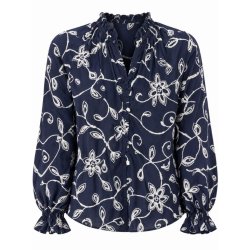 In April 1986 m�rkebl� bluse med lyst blomsterm�nster Q3171